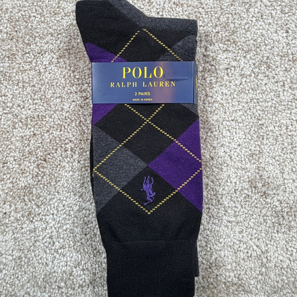 Polo Ralph Lauren Mens 2 Pack Argyle and Solid Crew Socks Black Grey Purple